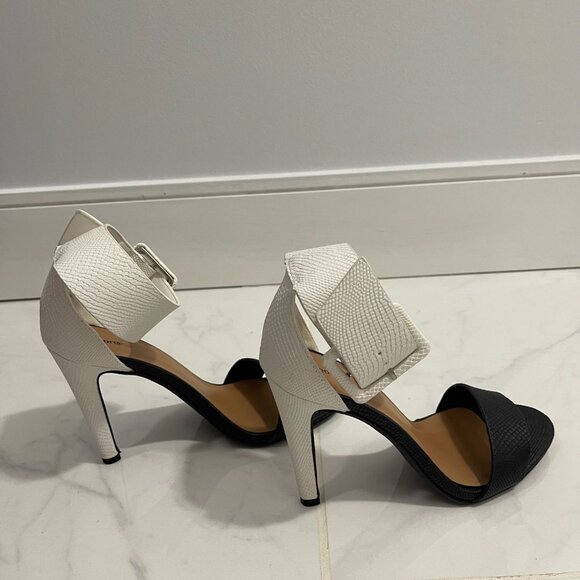 White and Black Belt Buckle Ankle Strap Heels - Picture 4 of 6